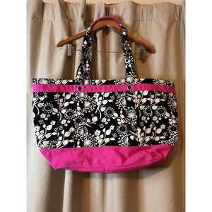 Thirty-One Large Canvas Floral Swirls Tote Bag Organizer Pink Black White